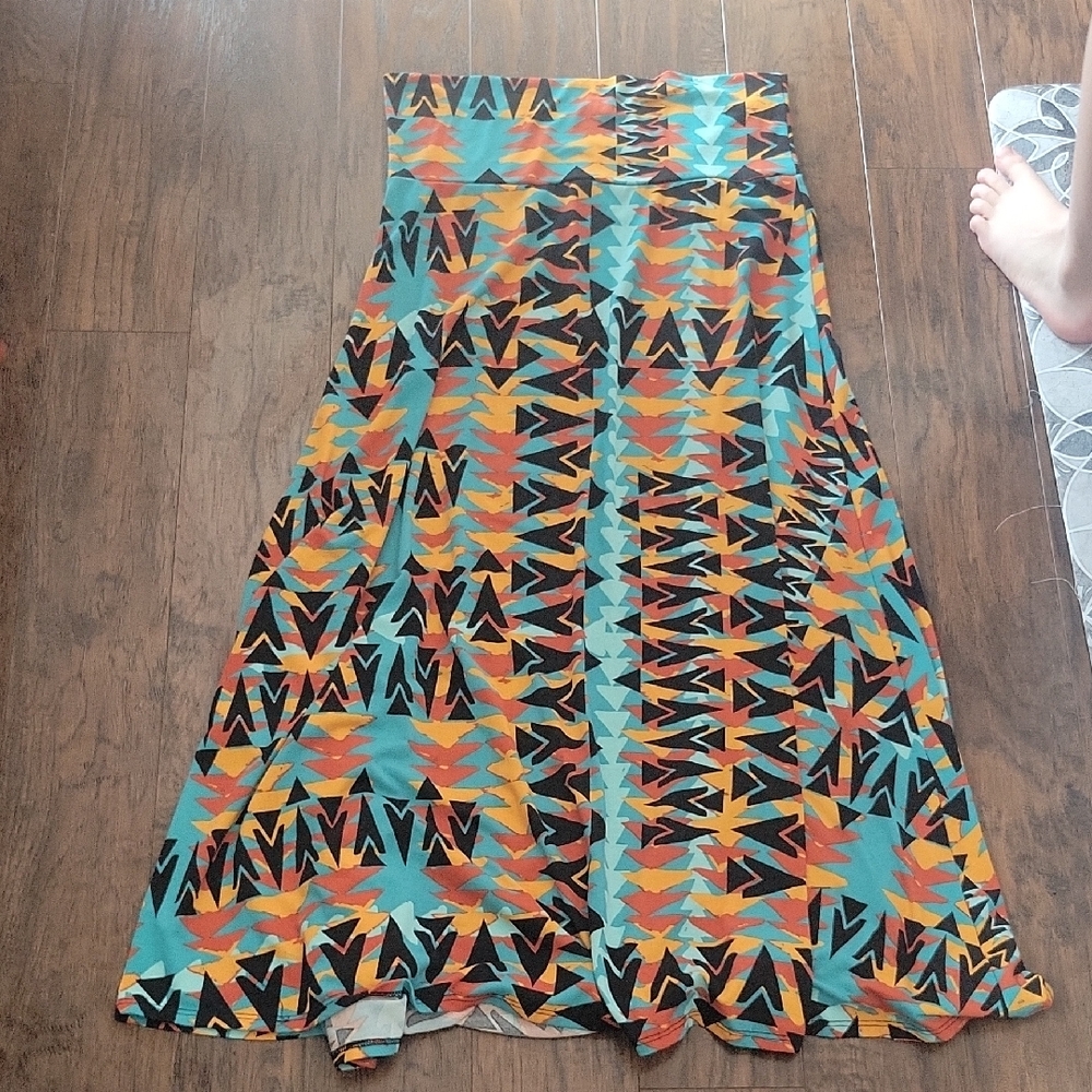 LuLaRoe Teal, Orange and Black Geometric Maxi Skirt